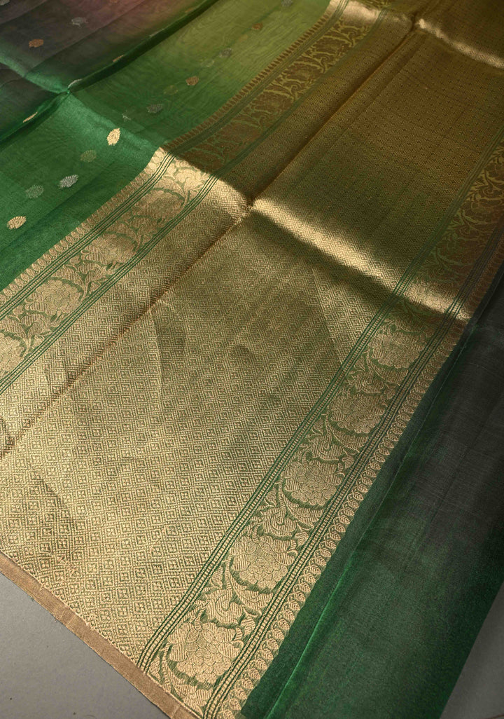 Green Dual tone Pure Banarasi Organza Tissue Silk Saree with Sona Rupa Buttas and Minimal Zari Border | SILK MARK CERTIFIED | SHOBITAM