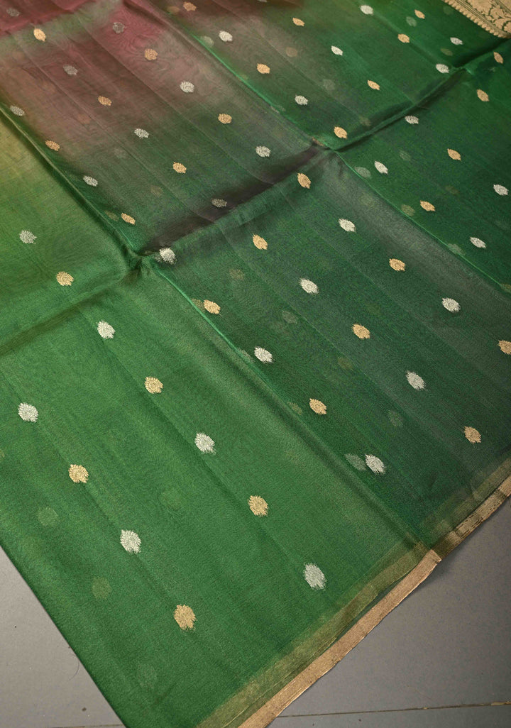 Green Dual tone Pure Banarasi Organza Tissue Silk Saree with Sona Rupa Buttas and Minimal Zari Border | SILK MARK CERTIFIED | SHOBITAM