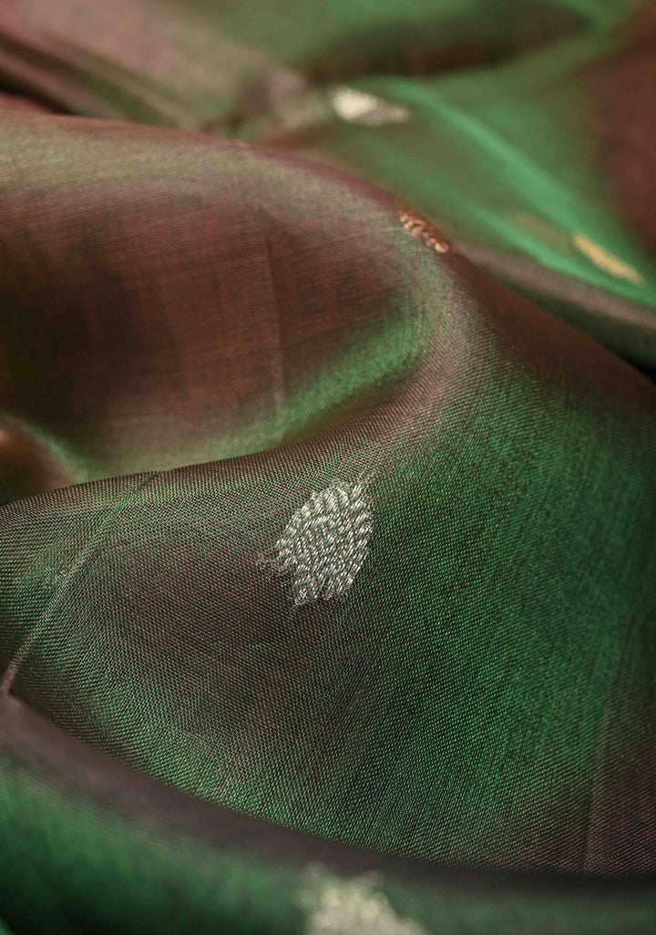 Green Dual tone Pure Banarasi Organza Tissue Silk Saree with Sona Rupa Buttas and Minimal Zari Border | SILK MARK CERTIFIED | SHOBITAM