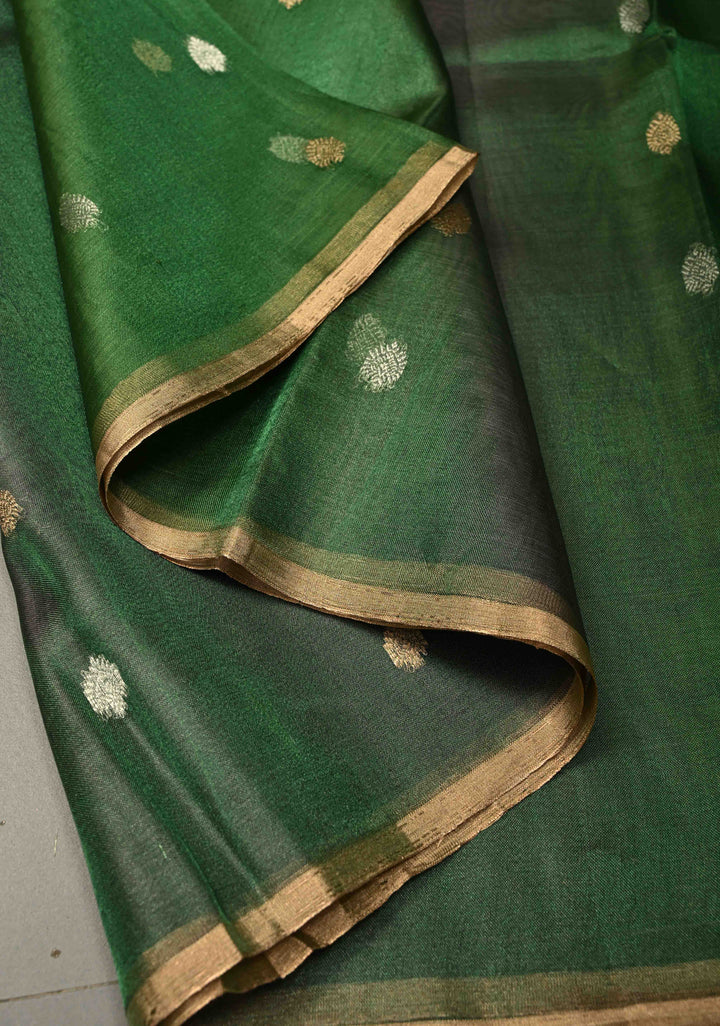 Green Dual tone Pure Banarasi Organza Tissue Silk Saree with Sona Rupa Buttas and Minimal Zari Border | SILK MARK CERTIFIED | SHOBITAM