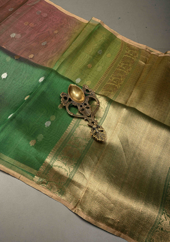 Green Dual tone Pure Banarasi Organza Tissue Silk Saree with Sona Rupa Buttas and Minimal Zari Border | SILK MARK CERTIFIED | SHOBITAM