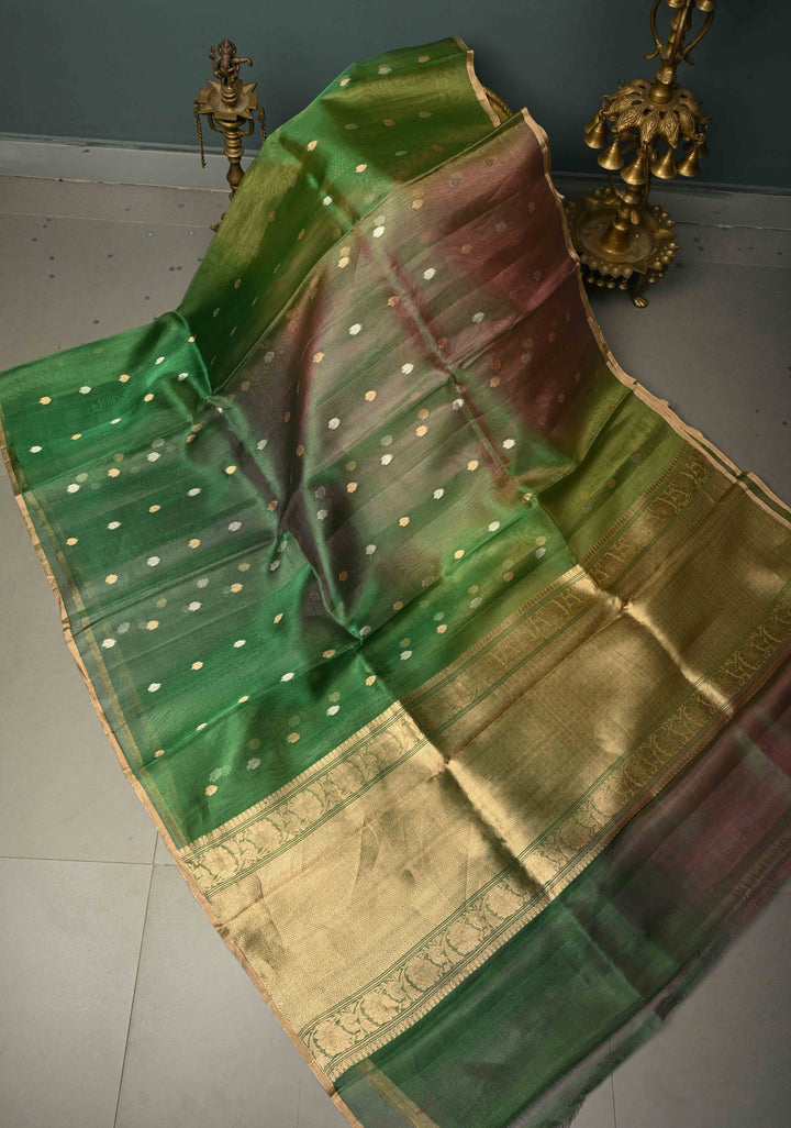 Green Dual tone Pure Banarasi Organza Tissue Silk Saree with Sona Rupa Buttas and Minimal Zari Border | SILK MARK CERTIFIED | SHOBITAM