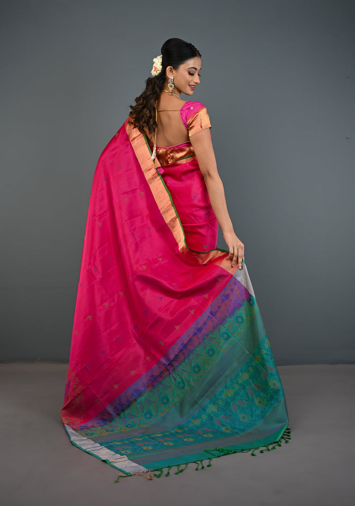 Pinkish Red Soft Silk Saree with Resham Weave and Tissue Zari Borders | SILK MARK CERTIFIED