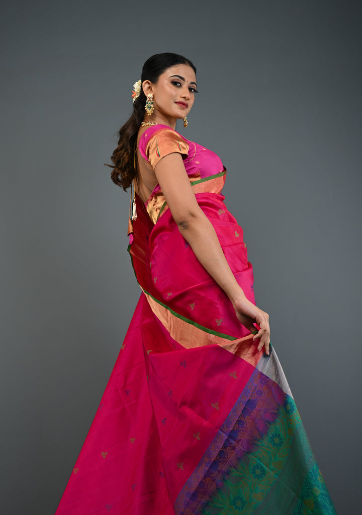 Pinkish Red Soft Silk Saree with Resham Weave and Tissue Zari Borders | SILK MARK CERTIFIED