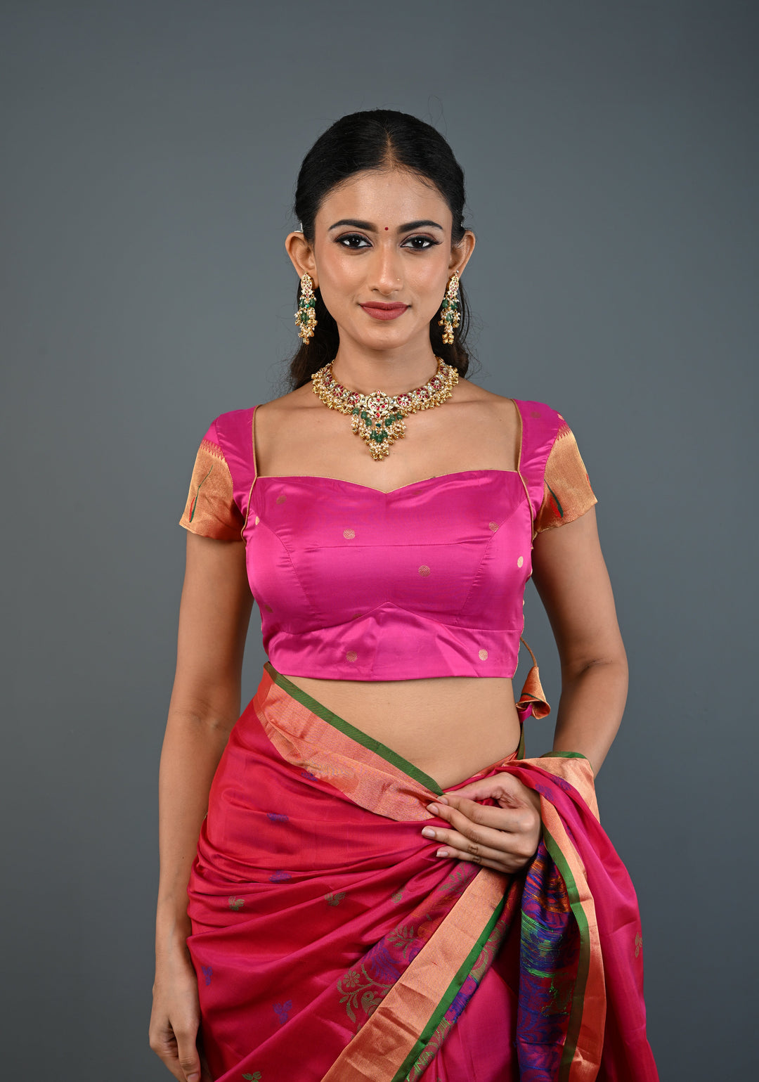 Pink Pure Silk Blouse with Paithani Borders on Short Sleeves and back, Customizable, Made to Order