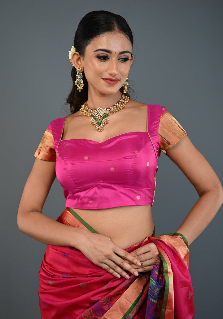 Pink Pure Silk Blouse with Paithani Borders on Short Sleeves and back, Customizable, Made to Order