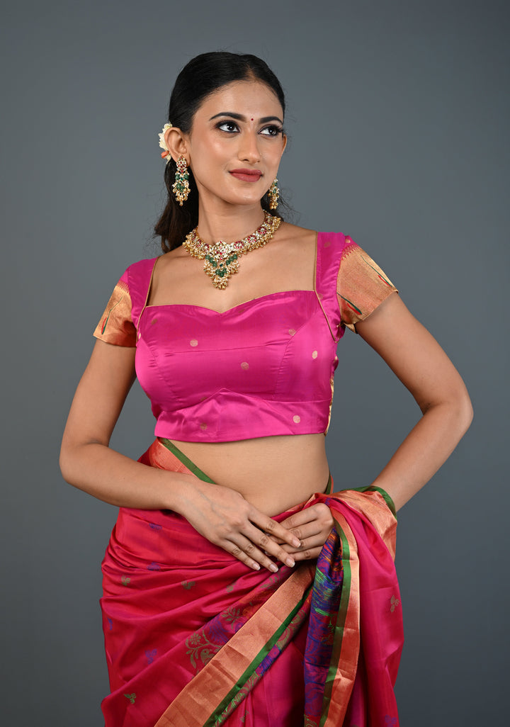 Pink Pure Silk Blouse with Paithani Borders on Short Sleeves and back, Customizable, Made to Order