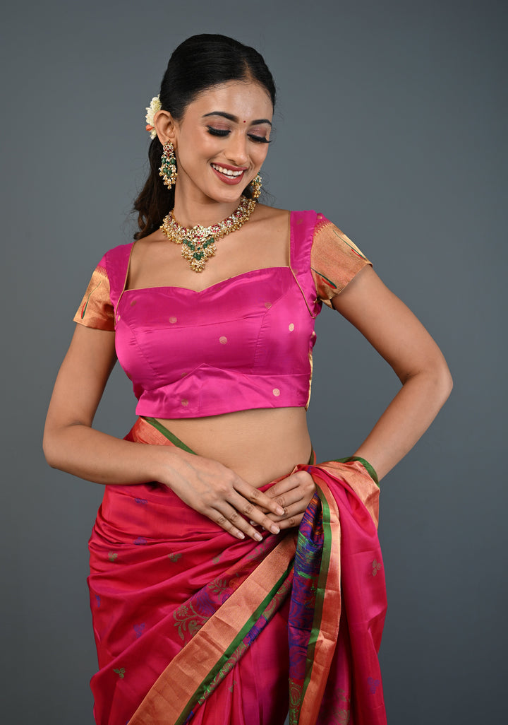 Pink Pure Silk Blouse with Paithani Borders on Short Sleeves and back, Customizable, Made to Order