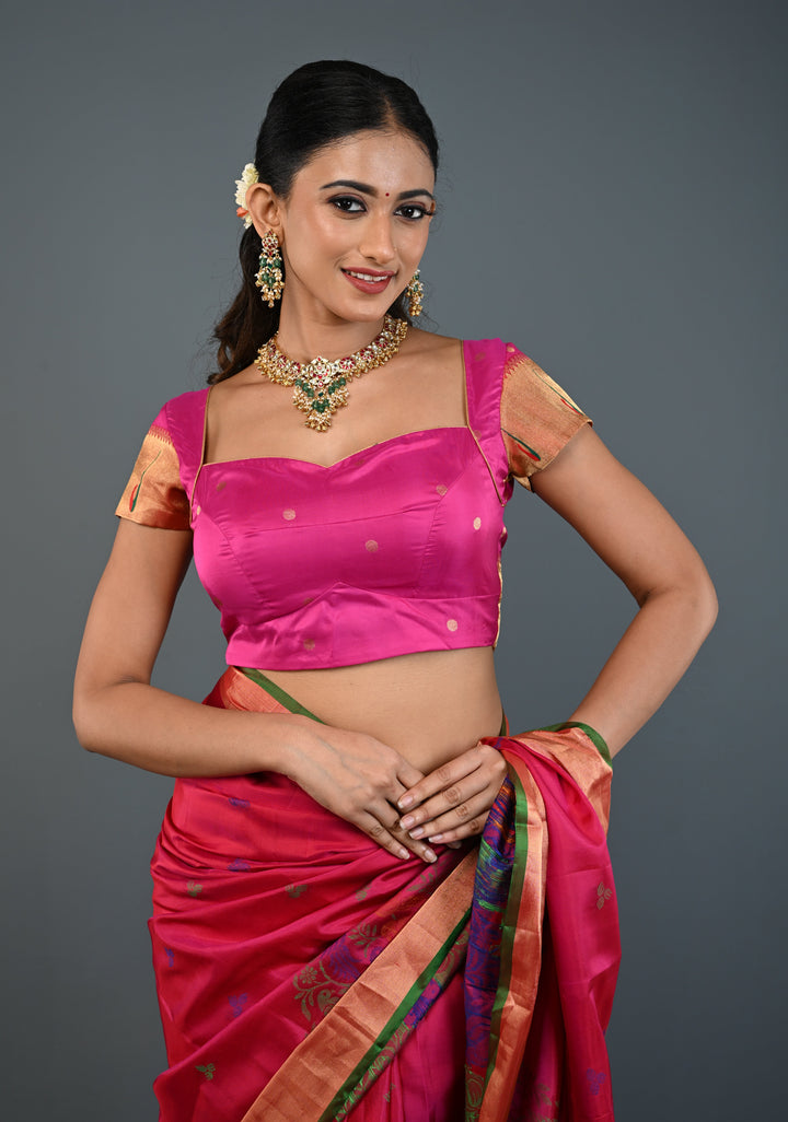 Pink Pure Silk Blouse with Paithani Borders on Short Sleeves and back, Customizable, Made to Order