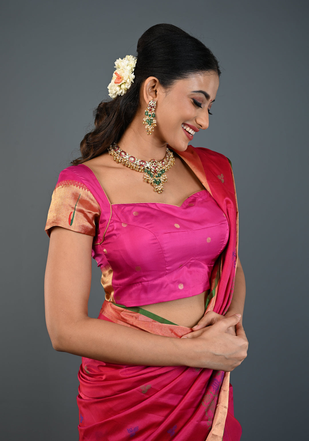 Pink Pure Silk Blouse with Paithani Borders on Short Sleeves and back, Customizable, Made to Order