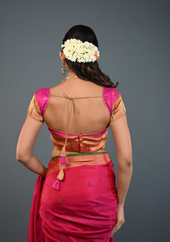 Pink Pure Silk Blouse with Paithani Borders on Short Sleeves and back, Customizable, Made to Order