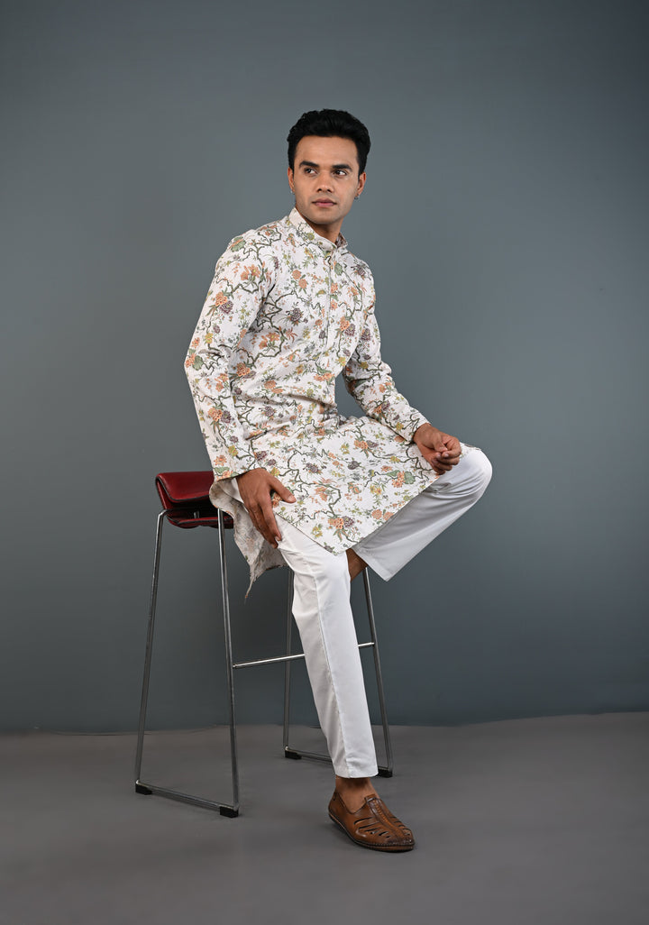 Off white Floral Digital Print Kurta with Pajama Set for Men | Made to Order
