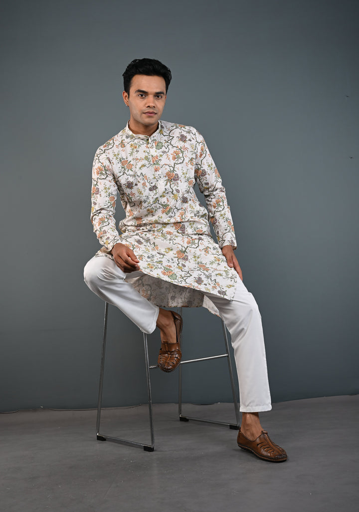 Off white Floral Digital Print Kurta with Pajama Set for Men | Made to Order