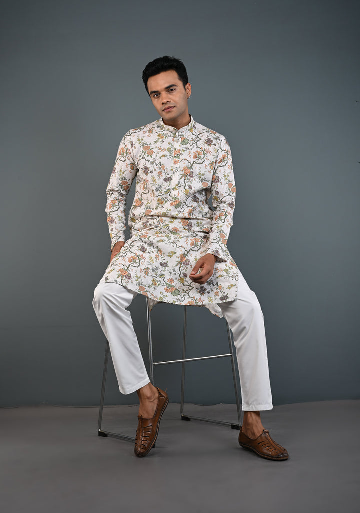 Off white Floral Digital Print Kurta with Pajama Set for Men | Made to Order