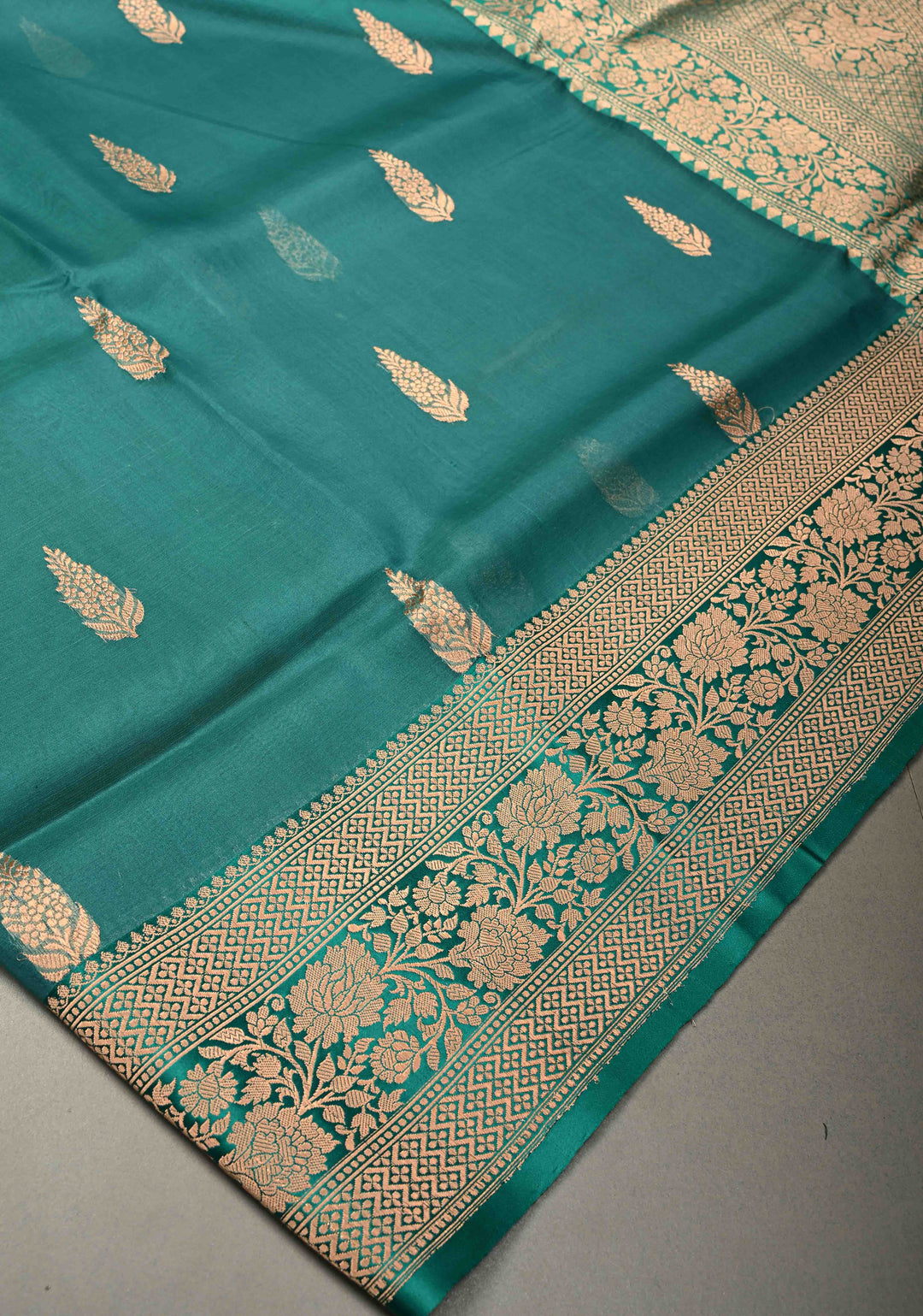 Rama Green Pure Banarasi Kora Silk Saree with Floral Zari Buttas and Zari Border | SILK MARK CERTIFIED | SHOBITAM
