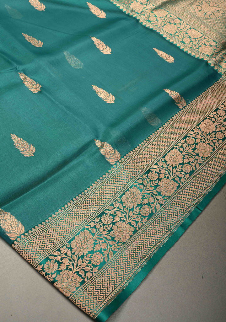Rama Green Pure Banarasi Kora Silk Saree with Floral Zari Buttas and Zari Border | SILK MARK CERTIFIED | SHOBITAM