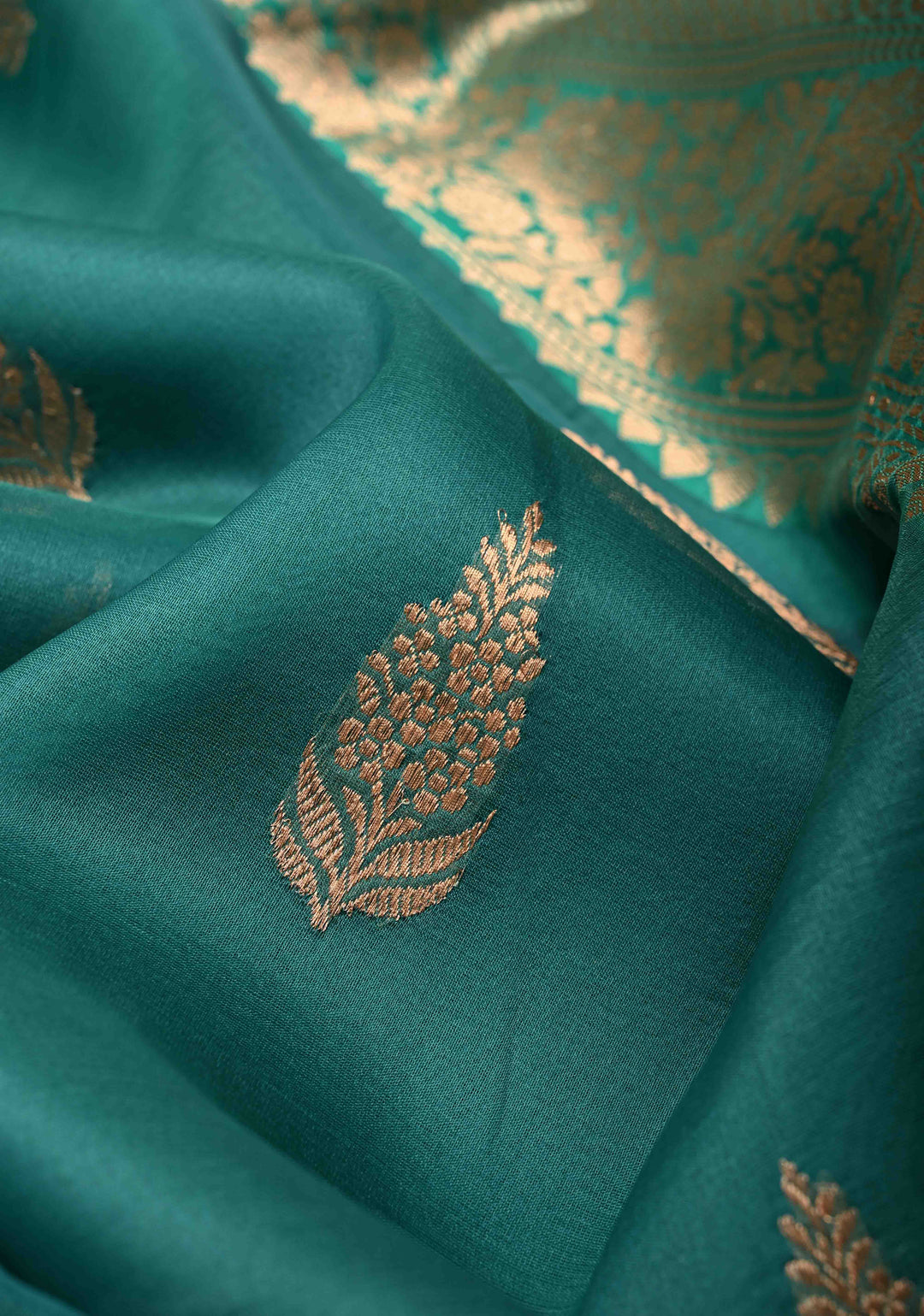 Rama Green Pure Banarasi Kora Silk Saree with Floral Zari Buttas and Zari Border | SILK MARK CERTIFIED | SHOBITAM