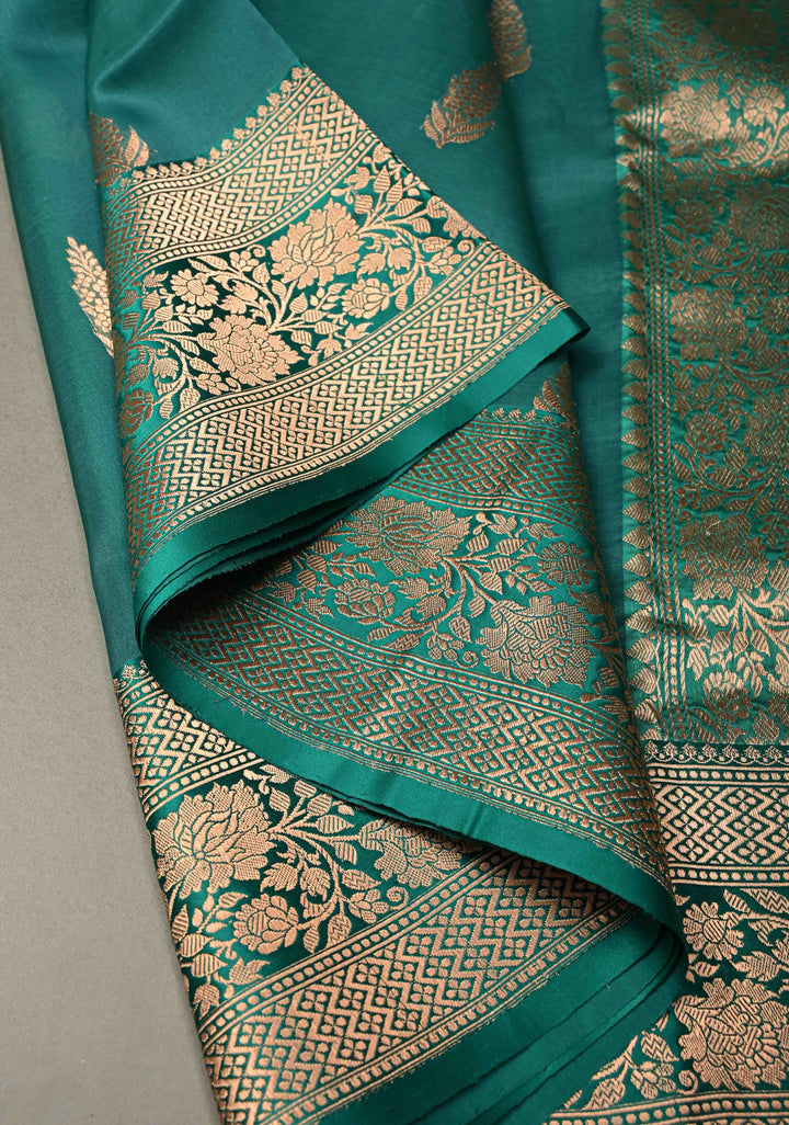 Rama Green Pure Banarasi Kora Silk Saree with Floral Zari Buttas and Zari Border | SILK MARK CERTIFIED | SHOBITAM