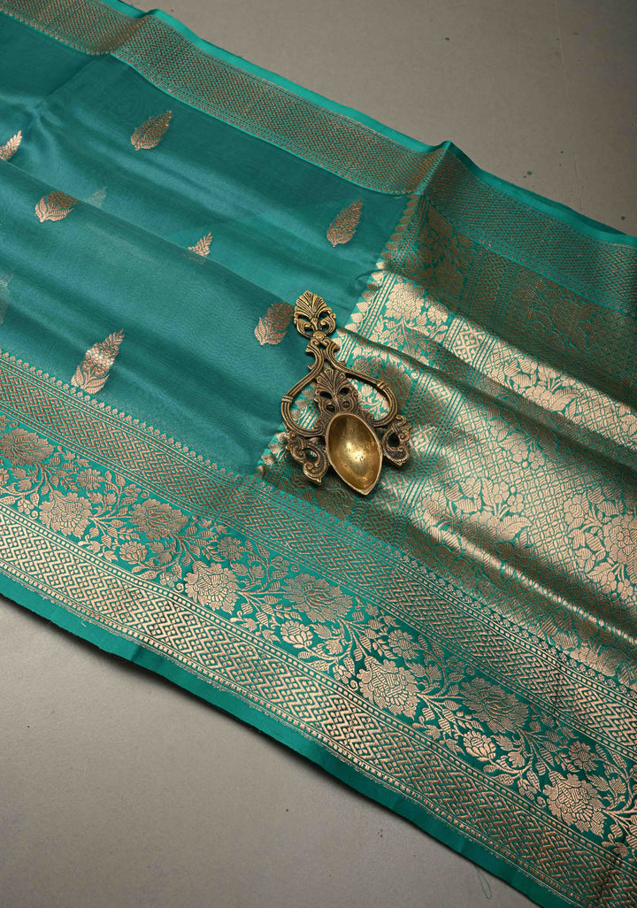 Rama Green Pure Banarasi Kora Silk Saree with Floral Zari Buttas and Zari Border | SILK MARK CERTIFIED | SHOBITAM