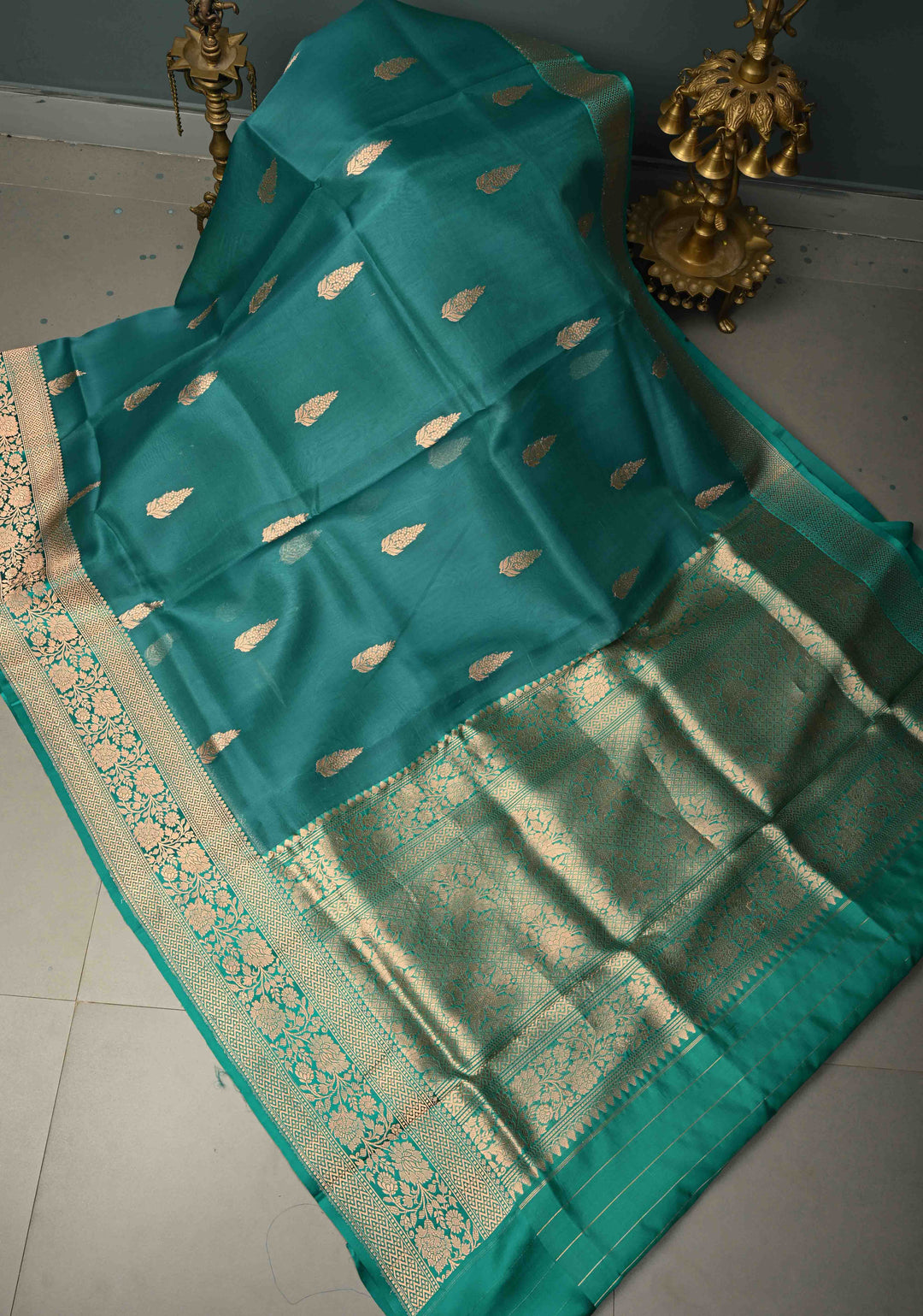 Rama Green Pure Banarasi Kora Silk Saree with Floral Zari Buttas and Zari Border | SILK MARK CERTIFIED | SHOBITAM