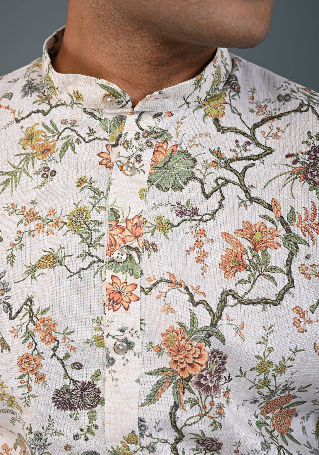 Off white Floral Digital Print Kurta with Pajama Set for Men | Made to Order
