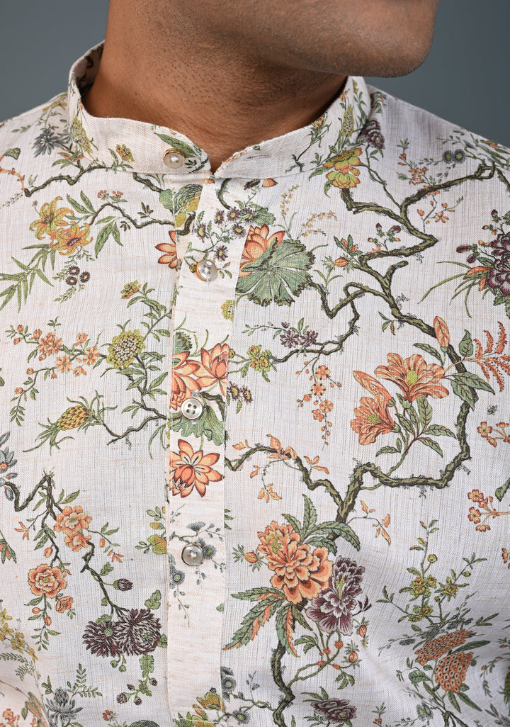 Off white Floral Digital Print Kurta with Pajama Set for Men | Made to Order
