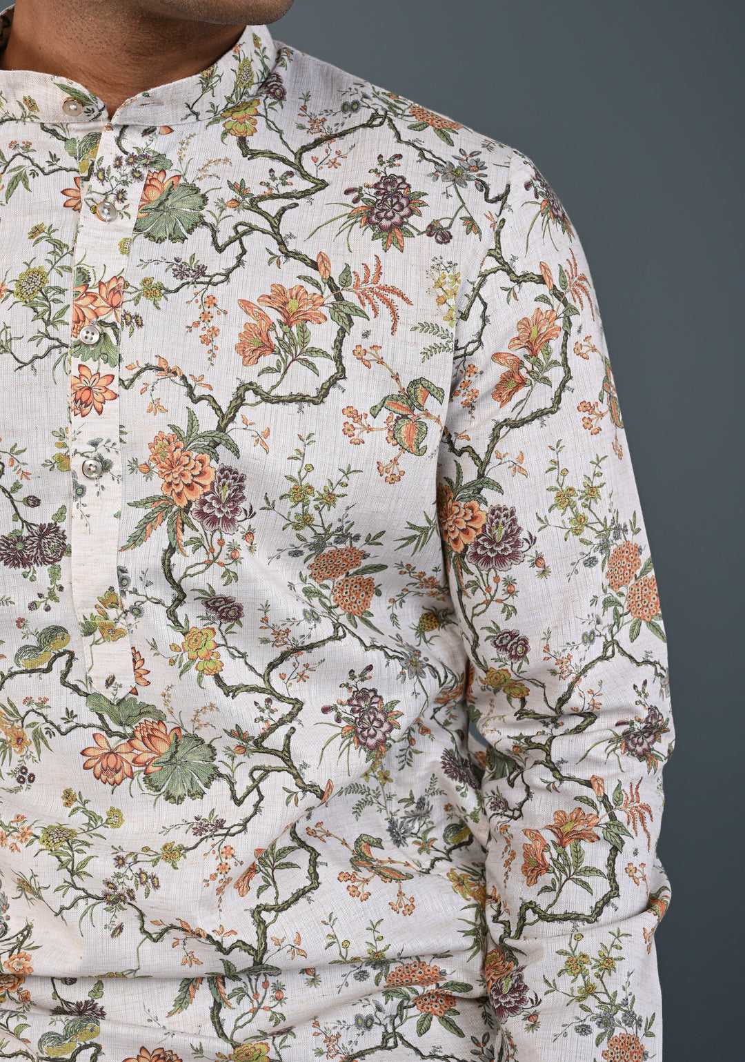 Off white Floral Digital Print Kurta with Pajama Set for Men | Made to Order