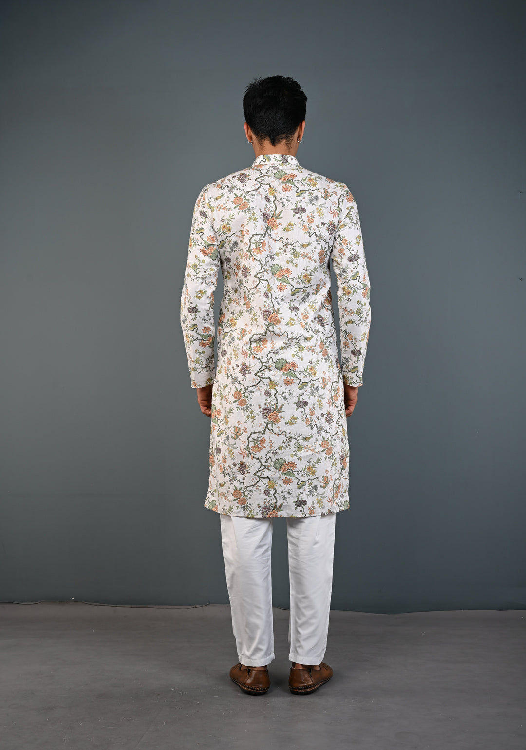Off white Floral Digital Print Kurta with Pajama Set for Men | Made to Order