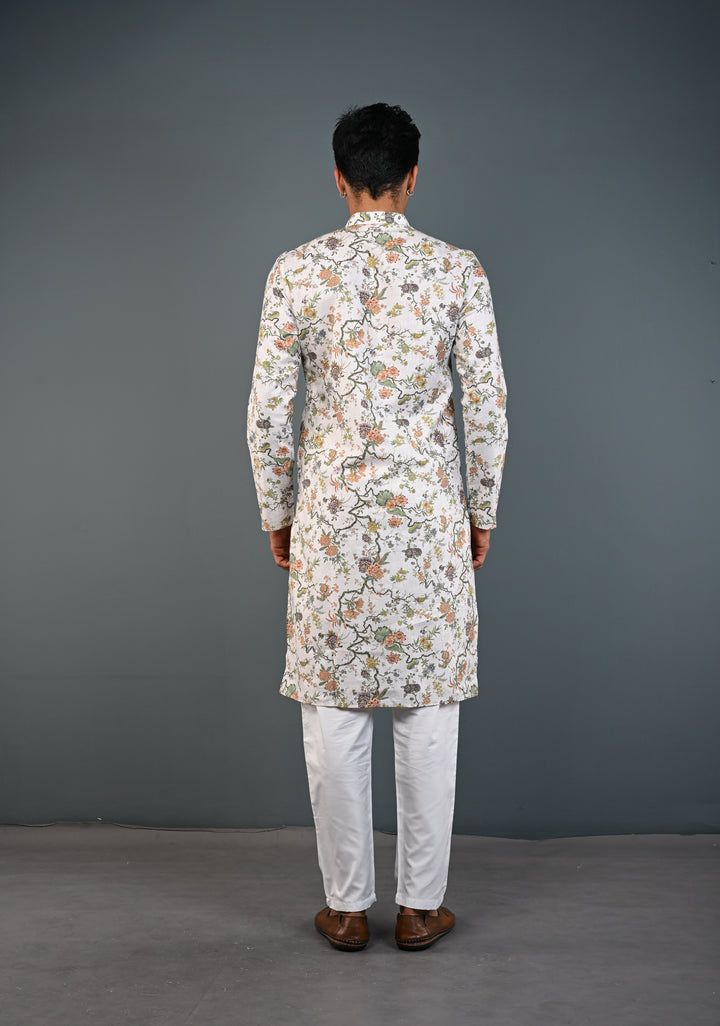 Off white Floral Digital Print Kurta with Pajama Set for Men | Made to Order