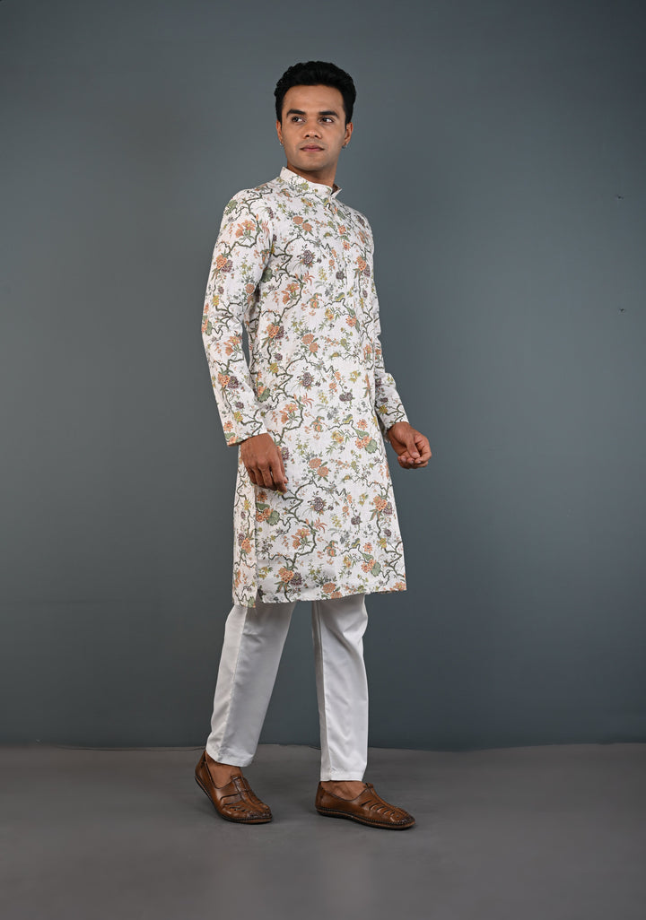 Off white Floral Digital Print Kurta with Pajama Set for Men | Made to Order