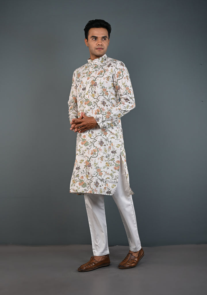 Off white Floral Digital Print Kurta with Pajama Set for Men | Made to Order