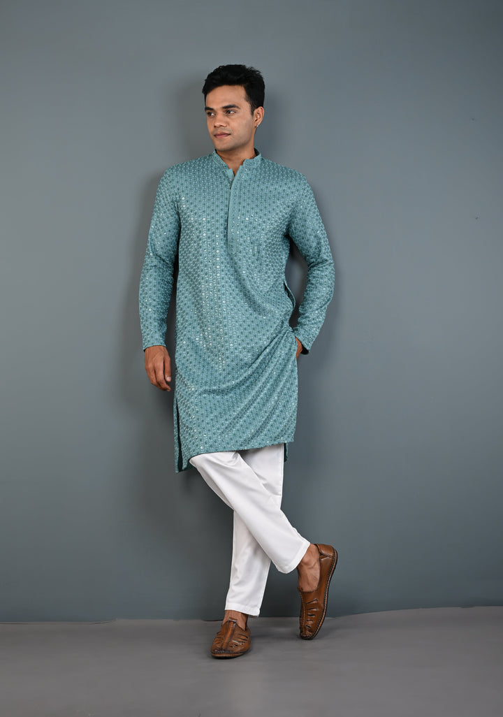 Dusty Teal Chikankari Kurta with Sequins and Pajama Set for Men | Made to Order