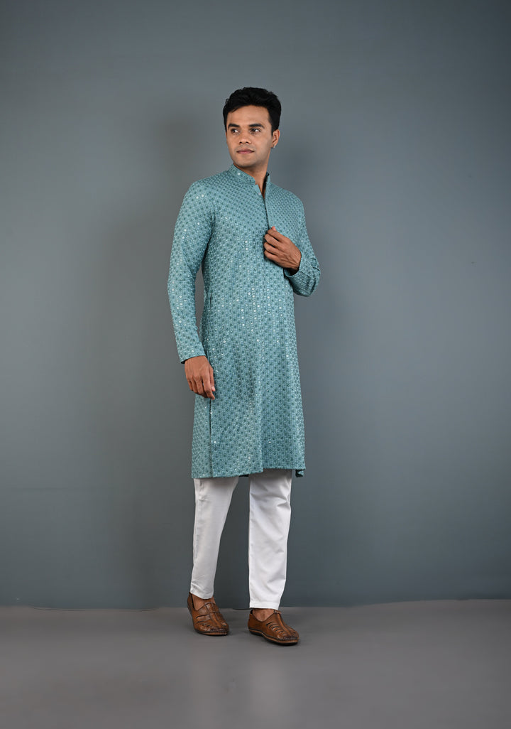 Dusty Teal Chikankari Kurta with Sequins and Pajama Set for Men | Made to Order