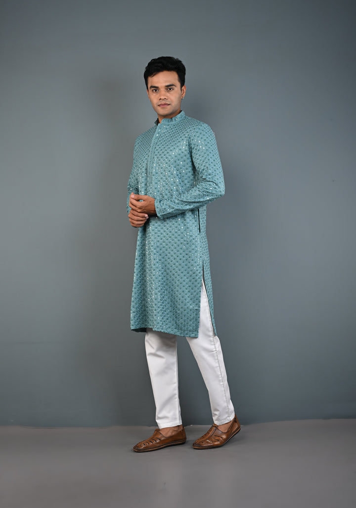 Dusty Teal Chikankari Kurta with Sequins and Pajama Set for Men | Made to Order