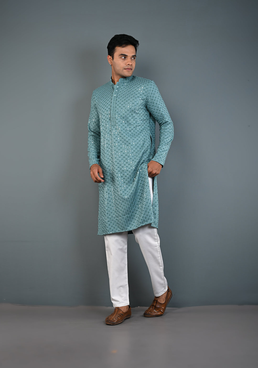 Dusty Teal Chikankari Kurta with Sequins and Pajama Set for Men | Made to Order