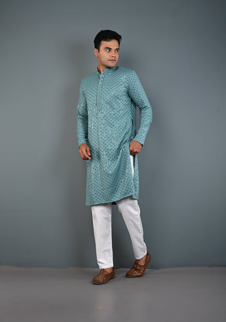 Dusty Teal Chikankari Kurta with Sequins and Pajama Set for Men | Made to Order