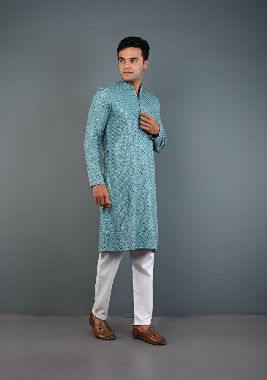 Dusty Teal Chikankari Kurta with Sequins and Pajama Set for Men | Made to Order