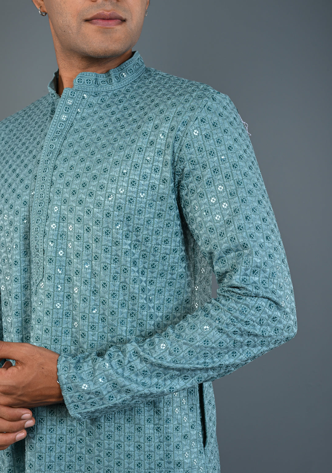 Dusty Teal Chikankari Kurta with Sequins and Pajama Set for Men | Made to Order