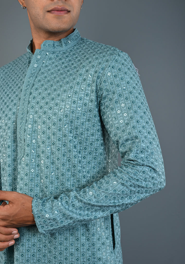 Dusty Teal Chikankari Kurta with Sequins and Pajama Set for Men | Made to Order