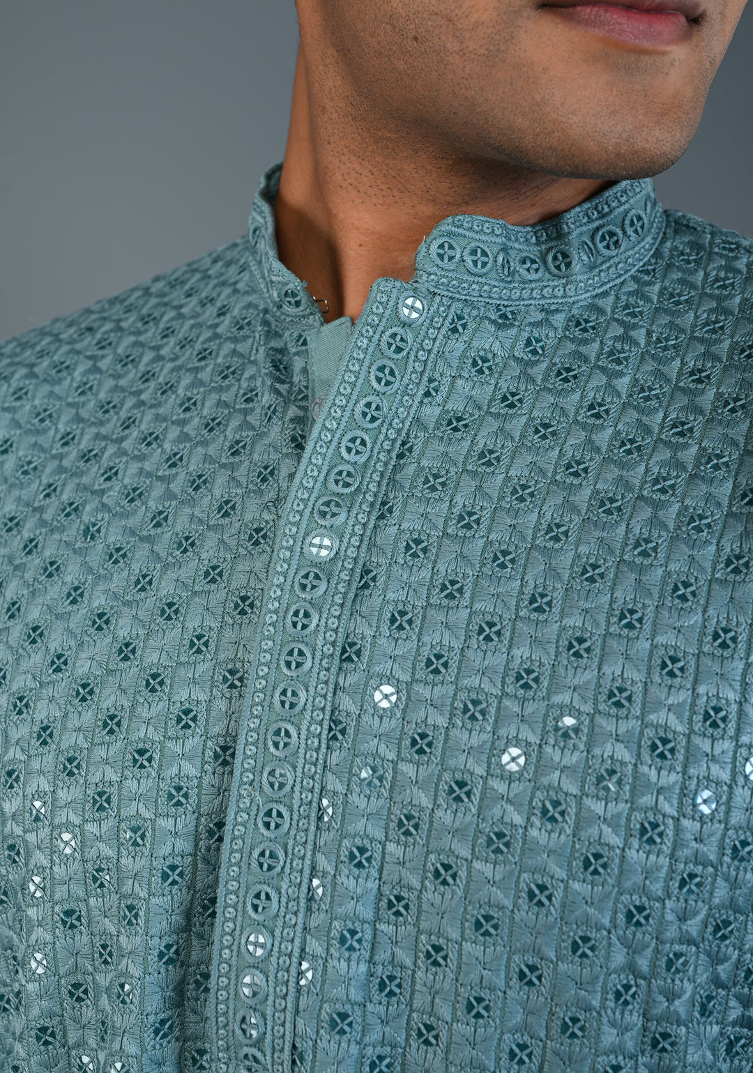 Dusty Teal Chikankari Kurta with Sequins and Pajama Set for Men | Made to Order