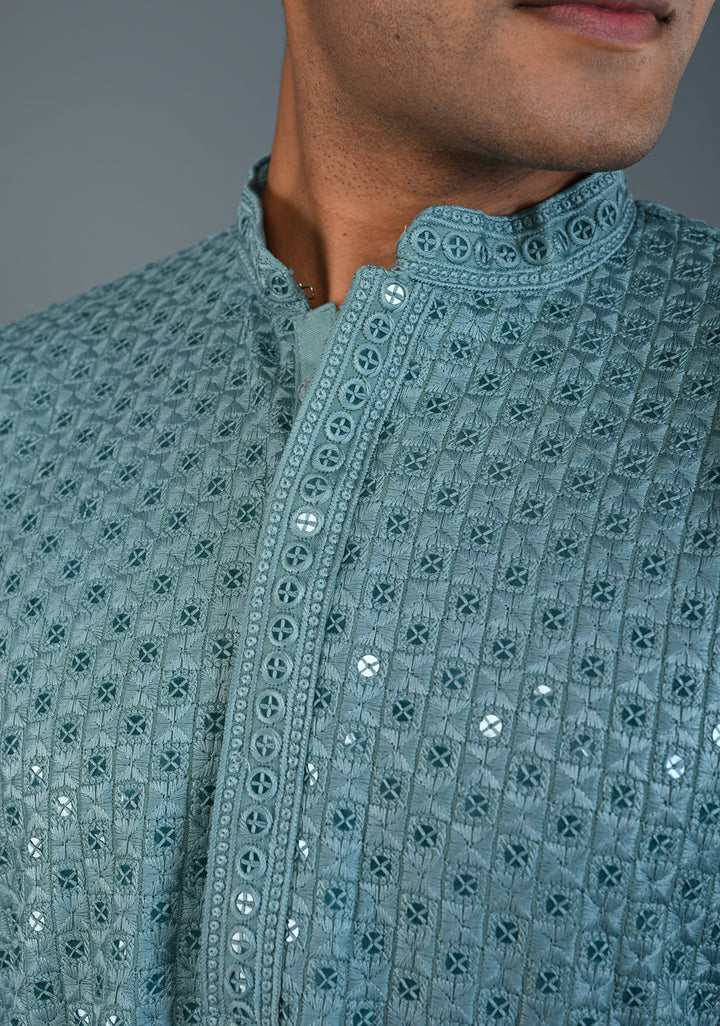 Dusty Teal Chikankari Kurta with Sequins and Pajama Set for Men | Made to Order