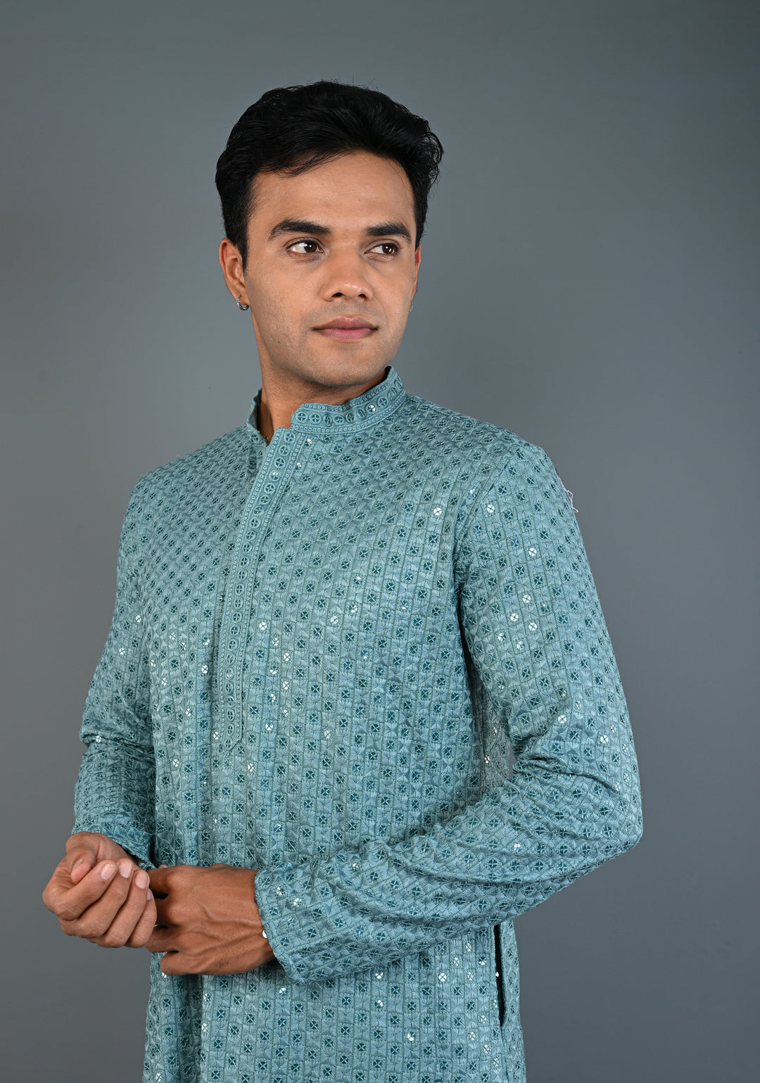 Dusty Teal Chikankari Kurta with Sequins and Pajama Set for Men | Made to Order