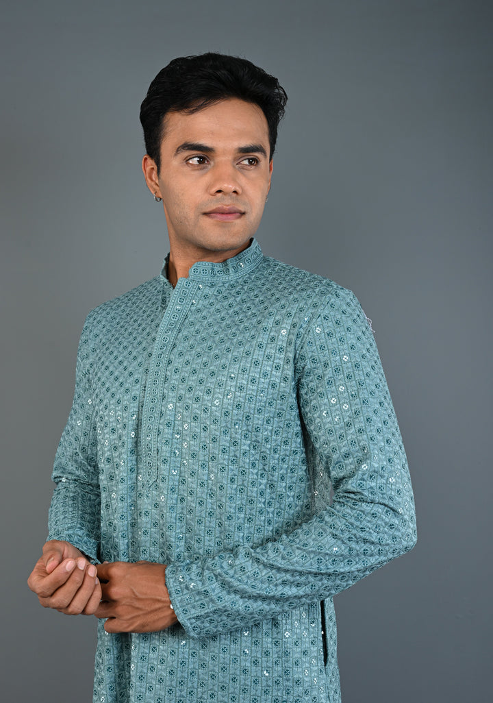 Dusty Teal Chikankari Kurta with Sequins and Pajama Set for Men | Made to Order