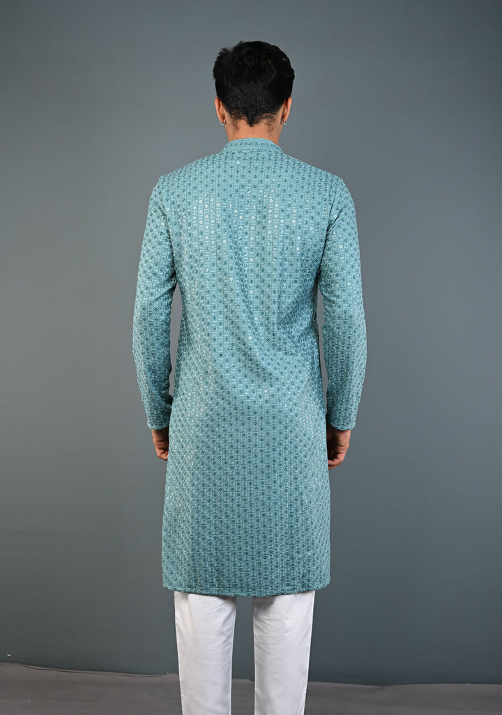 Dusty Teal Chikankari Kurta with Sequins and Pajama Set for Men | Made to Order