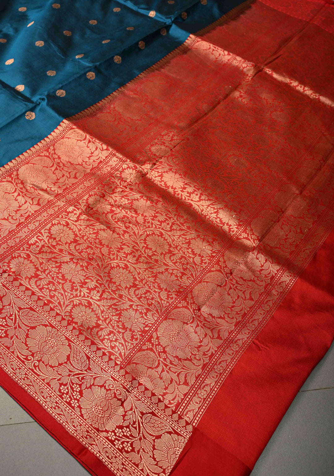 Prussian Blue Banarasi Katan Silk Saree with Floral Zari Buttas and Contrast Zari Border | SILK MARK CERTIFIED | SHOBITAM
