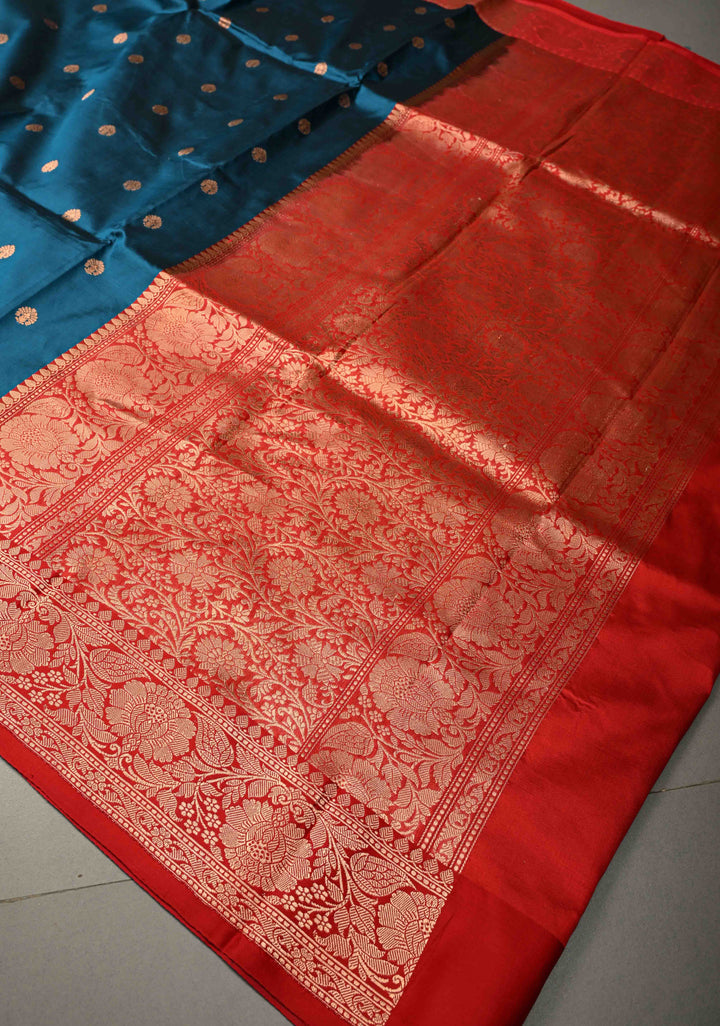 Prussian Blue Banarasi Katan Silk Saree with Floral Zari Buttas and Contrast Zari Border | SILK MARK CERTIFIED | SHOBITAM