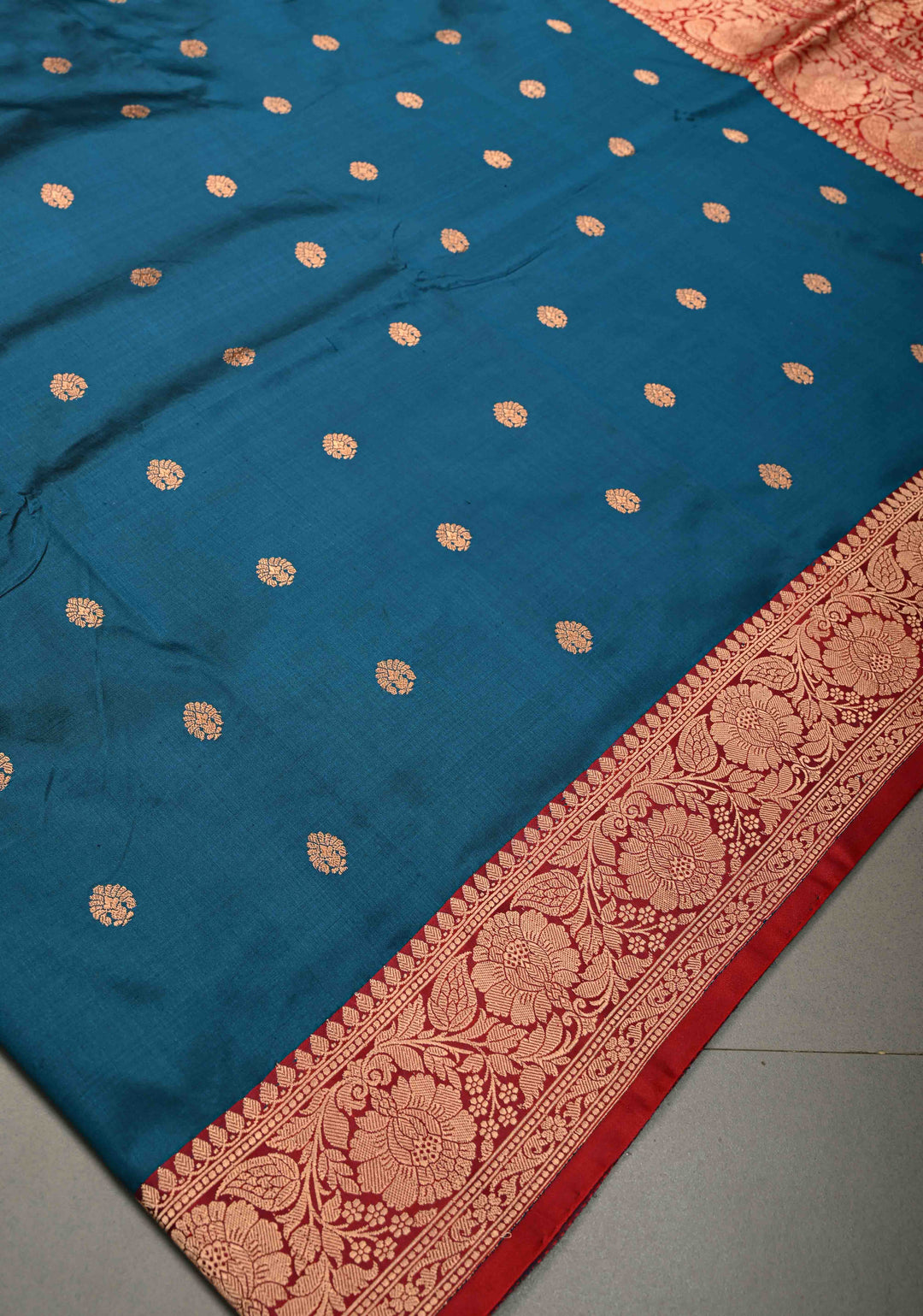 Prussian Blue Banarasi Katan Silk Saree with Floral Zari Buttas and Contrast Zari Border | SILK MARK CERTIFIED | SHOBITAM