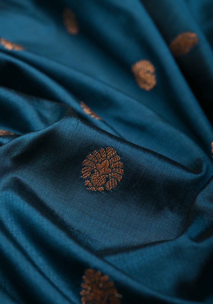 Prussian Blue Banarasi Katan Silk Saree with Floral Zari Buttas and Contrast Zari Border | SILK MARK CERTIFIED | SHOBITAM