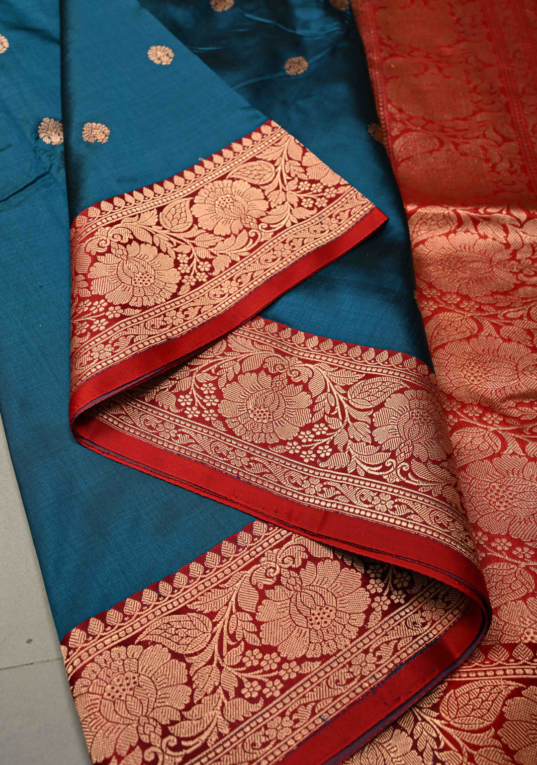 Prussian Blue Banarasi Katan Silk Saree with Floral Zari Buttas and Contrast Zari Border | SILK MARK CERTIFIED | SHOBITAM