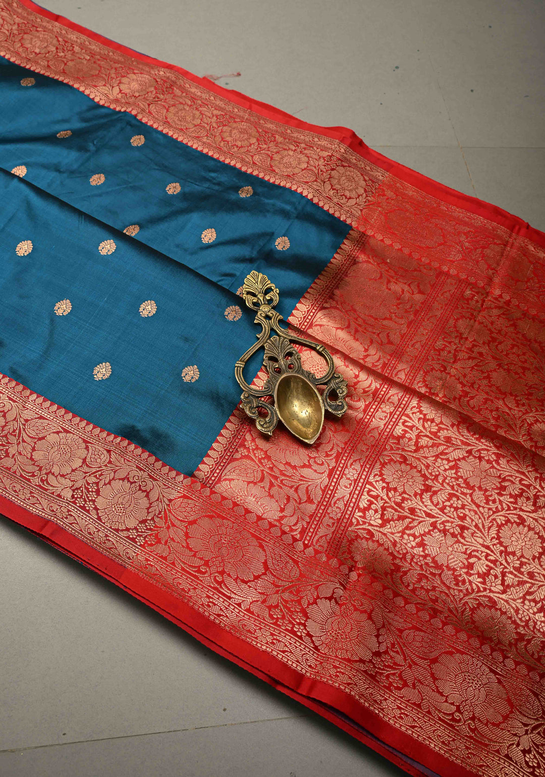 Prussian Blue Banarasi Katan Silk Saree with Floral Zari Buttas and Contrast Zari Border | SILK MARK CERTIFIED | SHOBITAM